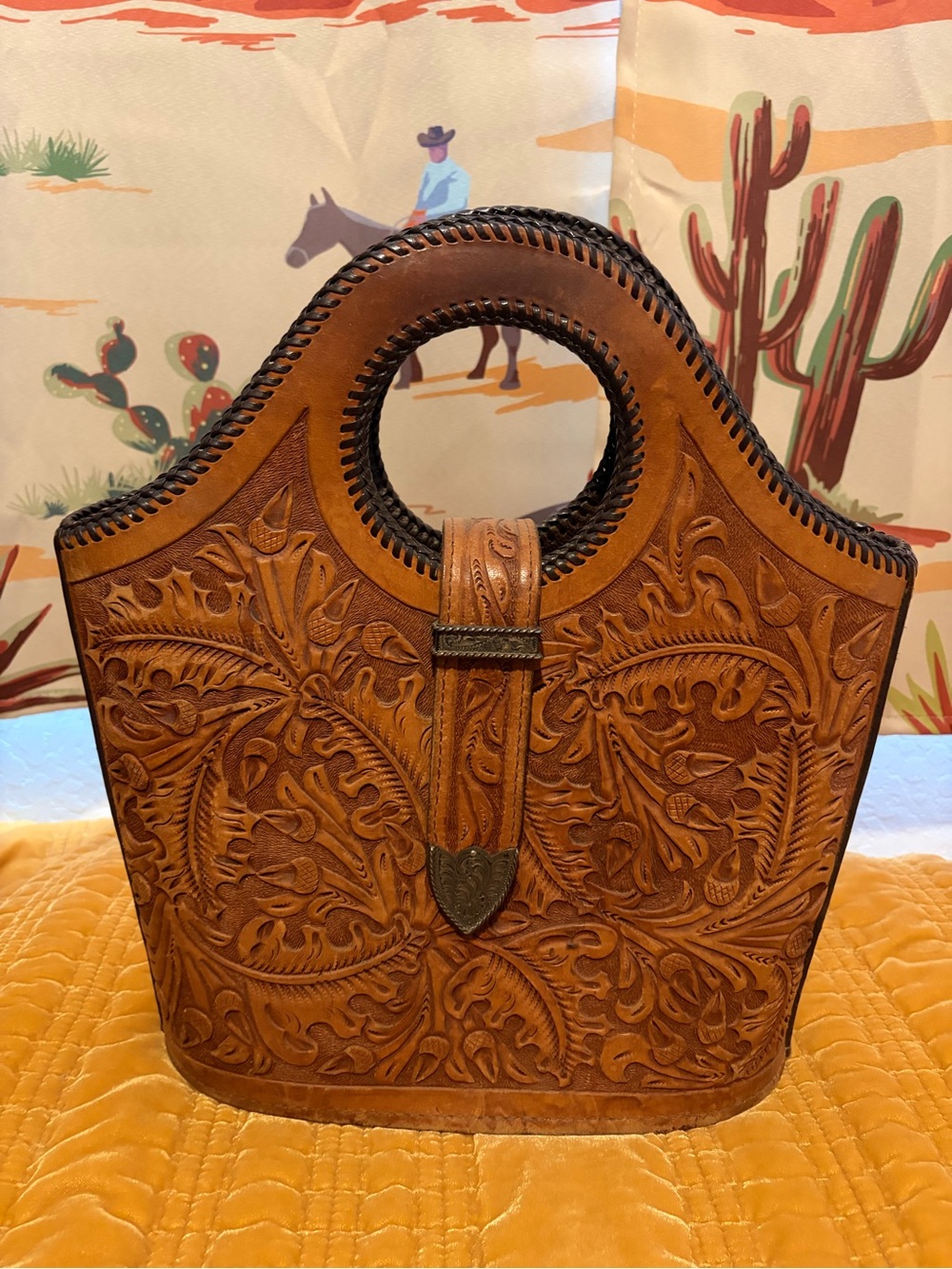 Hand-Tooled Leather Tote Bag in Brown